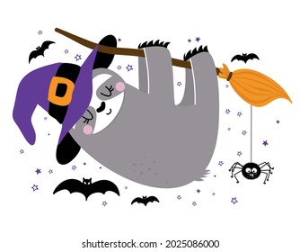 Happy Halloween - funny sloth hanging on broomstick. Sloth doodle draw for print. Adorable poster for Halloween party, good for t shirts, gifts, mugs or other print designs. Trick or treat cute animal