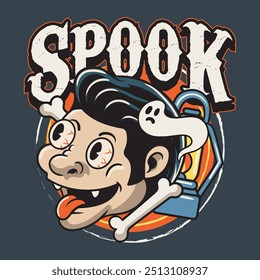 Feliz Halloween Divertido Cabeza de vampiro espeluznante con hueso y fantasma para insignia y etiqueta engomada, Anuncio, parche, tarjeta de felicitación, camiseta y Vector de invitación ilustración de dibujos animados retro