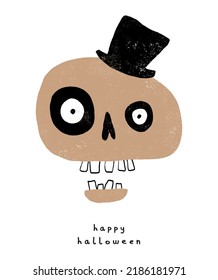 Happy Halloween. Funny Halloween Vector Illustration with Skeleton Head in a Top Hat. Creepy Halloween Party Print ideal for Card, Poster, Wall Art, Decoration. Human Skull on a White Background.