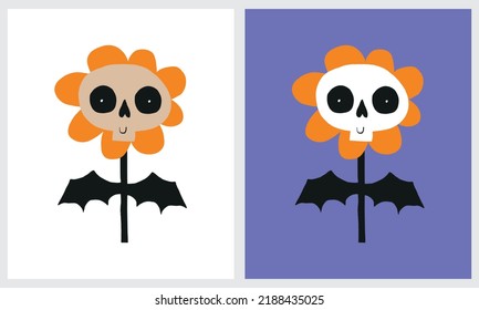 Happy Halloween. Funny Vector Illustration with Creepy Dead Flowers. Cute Hand Drawn Flowers with Skull Face and Bat Wings on a Violet and White Background. Infantile Style Halloween Print.