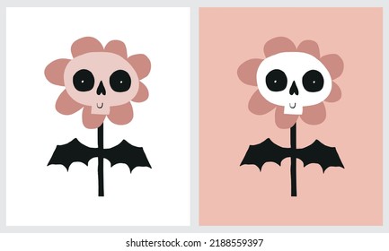 Feliz Halloween. Ilustración vectorial divertida con flores muertas espeluznantes. Flores dibujadas a mano con cara de cráneo y alas de murciélago sobre fondo rosa y blanco. Impresión de Halloween al estilo infantil.