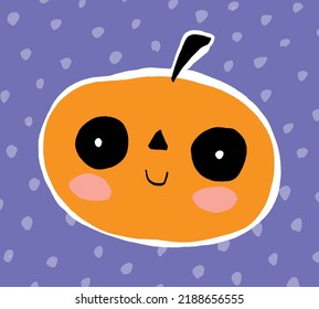 Happy Halloween. Funny Vector Illustration with Cute Hand Drawn  Kawaii Style Pumpkin Head on a Violet Dotted Background. Infantile Style Halloween Print ideal for Card, Poster. Sweet Lovely Pumpkin.