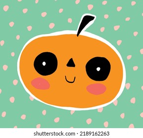 Happy Halloween. Funny Vector Illustration with Cute Hand Drawn  Kawaii Style Pumpkin Head on a Mint Dotted Background. Infantile Style Halloween Print ideal for Card, Poster. Sweet Lovely Pumpkin.