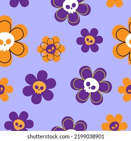 Feliz Halloween. Ilustración vectorial divertida con flores muertas espeluznantes. Flores dibujadas a mano con cara de cráneo en un fondo violento.