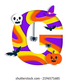 Happy Halloween G Alphabet Party Font Typography Character Cartoon Spooky Horror with colorful 3D Layer Paper Cutout Type design celebration vector Illustration Skull Pumpkin Bat Witch Hat Spider Web