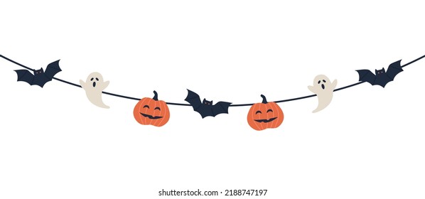 Happy Halloween garland with bat, spider, pumpkin and ghost, vector