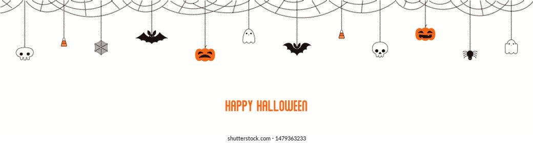 Happy Halloween garland, bunting with pumpkins, bats, ghosts, spider webs, skulls, corn candy, on white background. Hand drawn vector illustration. Holiday concept. Banner, invitation design element.