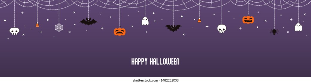 Feliz guirnalda de Halloween, con calabazas, murciélagos, fantasmas, telaraña, cráneos, caramelos de maíz, sobre fondo violeta. Ilustración vectorial dibujada a mano. Concepto de vacaciones. Cartel, elemento de diseño de invitación.