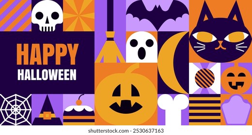 Happy Halloween geometric background. Holiday color block design with pumpkin, skull, cat, bat. Vector flat illustration for banner, poster, greeting card