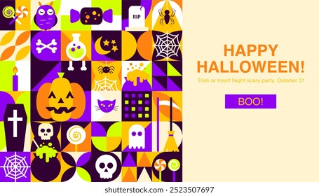 Happy Halloween Geometric Banner. Vector Illustration of Flat Style Background. Trick or Treat. Scary Party Concept. Horror Holiday.