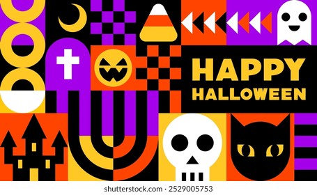 Diseño geométrico feliz de Halloween con los iconos de los Elementos de Halloween Ilustración vectorial