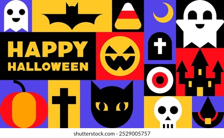 Feliz design geométrico de Halloween com elementos de Halloween ícones ilustração vetor