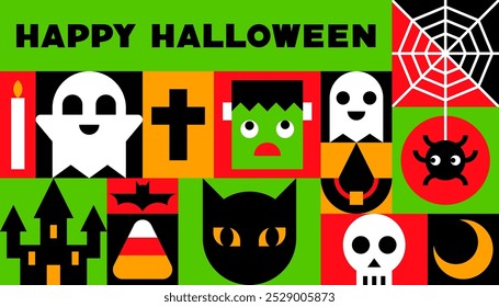 Feliz design geométrico de Halloween com elementos de Halloween ícones ilustração vetor