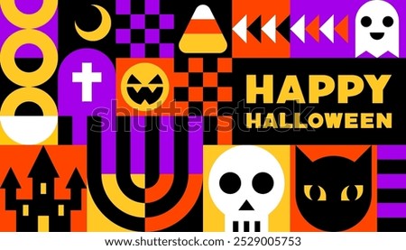 Happy Halloween Geometric Design with Halloween Elements Icons Vector Illustration