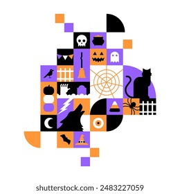 Happy halloween geometric illustration. Modern flat october holiday cartoon icon on isolated background, fun costume party invitation. Spooky october celebration design with cat, pumpkin, skull sign.