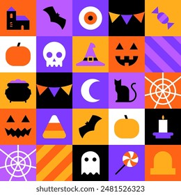 Happy halloween geometric mosaic seamless pattern. Modern flat october holiday cartoon icon background, fun costume party wallpaper print. Scary ghost texture, pumpkin jack o lantern symbol design.
