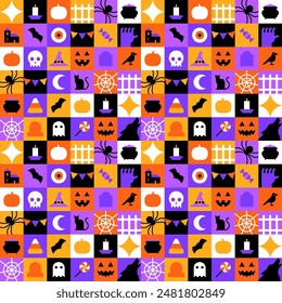 Happy halloween geometric mosaic seamless pattern. Modern flat october holiday cartoon icon background, fun costume party wallpaper print. Scary ghost texture, pumpkin jack o lantern symbol design.