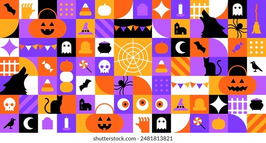 Feliz halloween mosaico geométrico sin patrón. Fondo de dibujos animados de vacaciones de octubre plano moderno, divertido disfraz de fiesta de Fondo de pantalla de impresión. Textura fantasma aterradora, calabaza jack o diseño de símbolo de linterna.