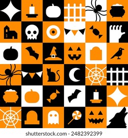 Happy halloween geometric mosaic seamless pattern. Modern flat october holiday cartoon icon background, fun costume party wallpaper print. Scary ghost texture, pumpkin jack o lantern symbol design.