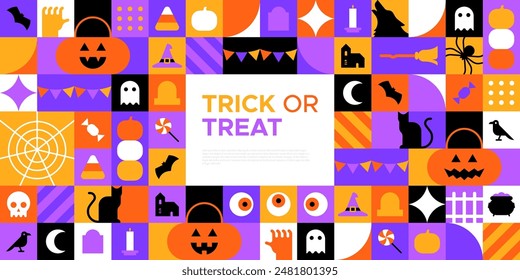 Happy halloween geometric mosaic web template illustration. Modern flat october holiday cartoon icon background, fun costume party online invitation. Spooky internet event banner. 