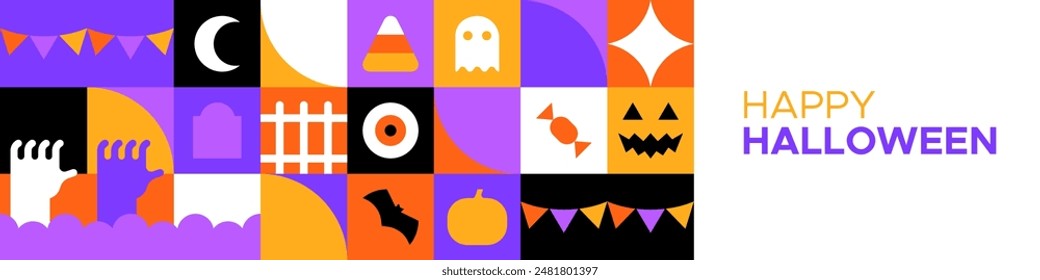 Happy halloween geometric mosaic web template illustration. Modern flat october holiday cartoon icon background, fun costume party online invitation. Spooky internet event banner. 