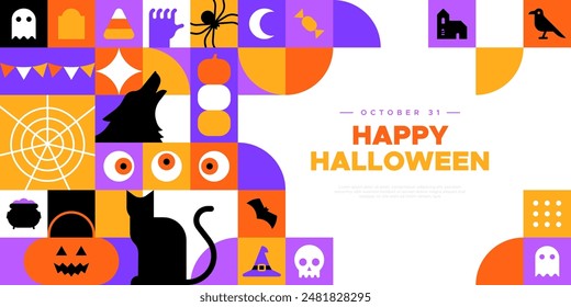 Happy halloween geometric mosaic web template illustration. Modern flat october holiday cartoon icon background, fun costume party online invitation. Spooky internet event banner. 