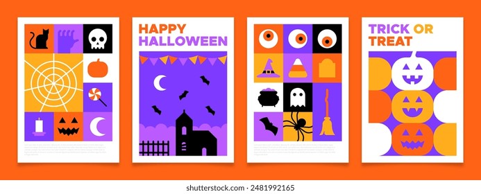 Feliz halloween mosaico geométrico conjunto de ilustración de Plantilla de Web. Fondo plano moderno del icono de la historieta de las vacaciones de octubre, invitación en línea divertida de la fiesta del traje. Espeluznante Anuncio de eventos de Internet. 