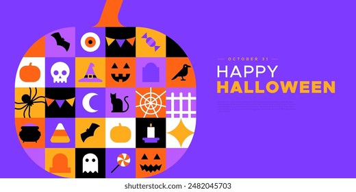 Happy halloween geometric mosaic web template illustration. Modern flat october holiday cartoon icon background, fun costume party online invitation. Spooky internet event banner. 