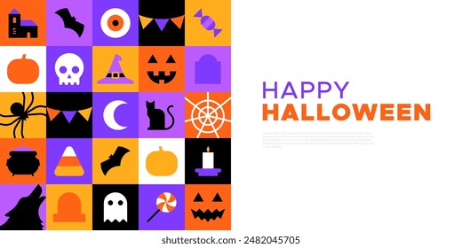 Happy halloween geometric mosaic web template illustration. Modern flat october holiday cartoon icon background, fun costume party online invitation. Spooky internet event banner. 