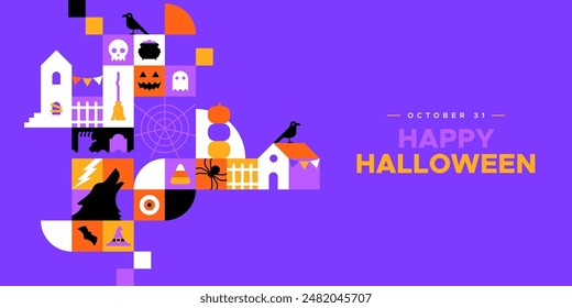 Happy halloween geometric mosaic web template illustration. Modern flat october holiday cartoon icon background, fun costume party online invitation. Spooky internet event banner. 