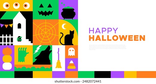 Happy Halloween geometrische Mosaik Web Vorlage Illustration. Moderne Wohnung Oktober Urlaub Cartoon Icon Hintergrund, lustige Kostüm Party Online-Einladung. Spooky Internet Event Banner. 