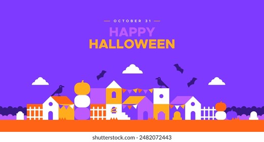 Happy halloween geometric mosaic web template illustration. Modern flat october holiday cartoon icon background, fun costume party online invitation. Spooky internet event banner. 