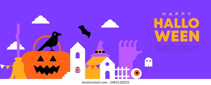 Feliz halloween mosaico geométrico ilustración de Plantilla de Web. Fondo plano moderno del icono de la historieta de las vacaciones de octubre, invitación en línea divertida de la fiesta del traje. Espeluznante Anuncio de eventos de Internet. 