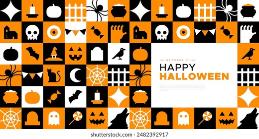 Happy halloween geometric mosaic web template illustration. Modern flat october holiday cartoon icon background, fun costume party online invitation. Spooky internet event banner. 