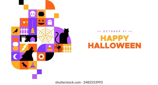 Happy halloween geometric mosaic web template illustration. Modern flat october holiday cartoon icon background, fun costume party online invitation. Spooky internet event banner. 