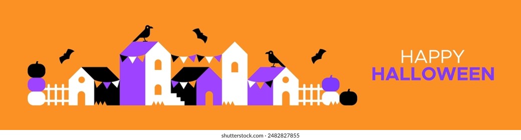 Happy halloween geometric mosaic web banner illustration. Modern flat october holiday cartoon house background, fun trick or treat party online invitation. Spooky internet event template. 