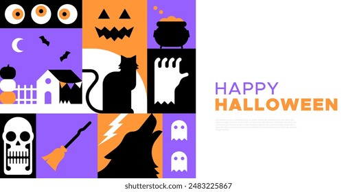 Happy halloween geometric mosaic web template illustration. Modern flat october holiday cartoon icon background, fun costume party online invitation. Spooky internet event banner. 