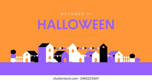 Happy halloween geometric mosaic web banner illustration. Modern flat october holiday cartoon house background, fun trick or treat party online invitation. Spooky internet event template. 