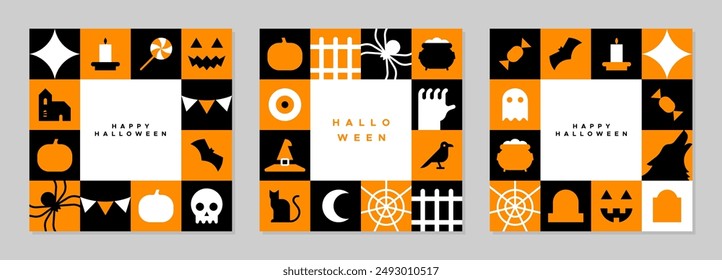 Happy halloween geometric mosaic web template illustration set. Modern flat october holiday cartoon icon background, fun costume party online invitation. Spooky internet event banner. 