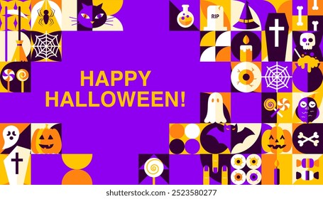 Happy Halloween Geometric Mosaic Web Banner. Vector Illustration of Flat Style. Trick or Treat. Scary Party Concept. Horror Holiday.