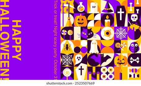 Happy Halloween Geometric Web Banner. Vector Illustration of Flat Style Background. Trick or Treat. Scary Party Concept. Horror Holiday.