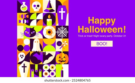 Happy Halloween Geometrical Banner. Vector Illustration of Flat Style Background. Trick or Treat. Scary Party Concept. Horror Holiday.
