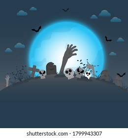 happy halloween with ghost background concept and empty space for display logo and content, A ghost hand emerged from the ground on full moon, creative design vector illustration