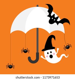 Happy Halloween ghost with bat and black spider under umbrella flat icon vector