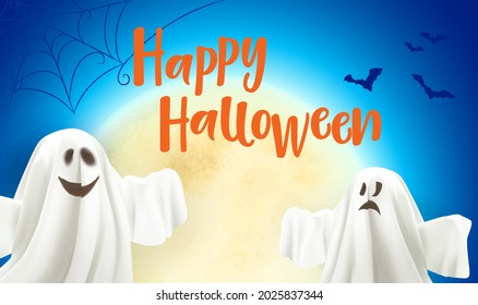 Feliz Halloween. Afiche de Fantasma y murciélagos en el fondo de la luna. Fantasma de fondo azul con texto Feliz Halloween.