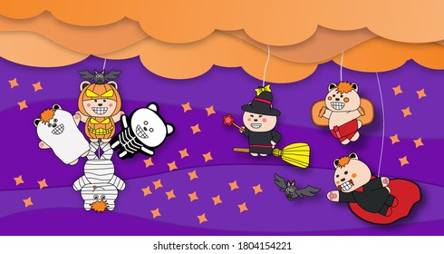 Happy Halloween Ghost bear with cloud doodle art background