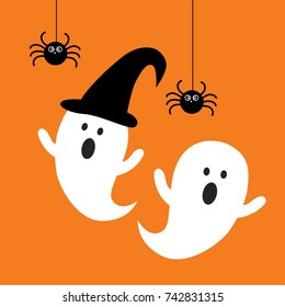 Happy Halloween ghost with black spider flat icon vector