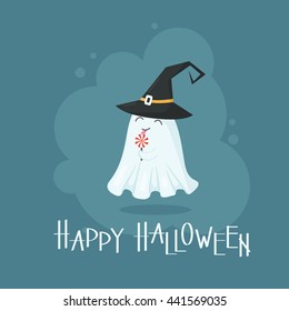 Happy Halloween ghost in a black wizard hat with a trick or treat prize of candy on a Halloween night, single composition in a light blue frame on a dark blue background. Vector illustration.