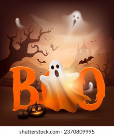 Happy Halloween ghost, boo text message, castle, tree, bat flying, poster flyer design on dark brown background, Eps 10 vector illustration
