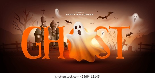 Happy Halloween ghost, castle, tree, bat flying, banner design on dark brown background, Eps 10 vector illustration
